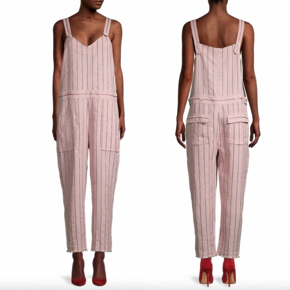 $550 rag & bone Pink Pinstripe Nina Linen-Blend Jumpsuit size 0 - Picture 1 of 8